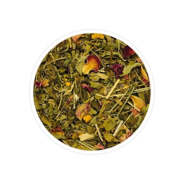 A collection of colorful herbal infusion tea bags spread out next to a teapot and fresh herbs. The herbal infusion offers a vibrant and soothing blend of natural flavors, providing a refreshing and revitalizing tea experience.