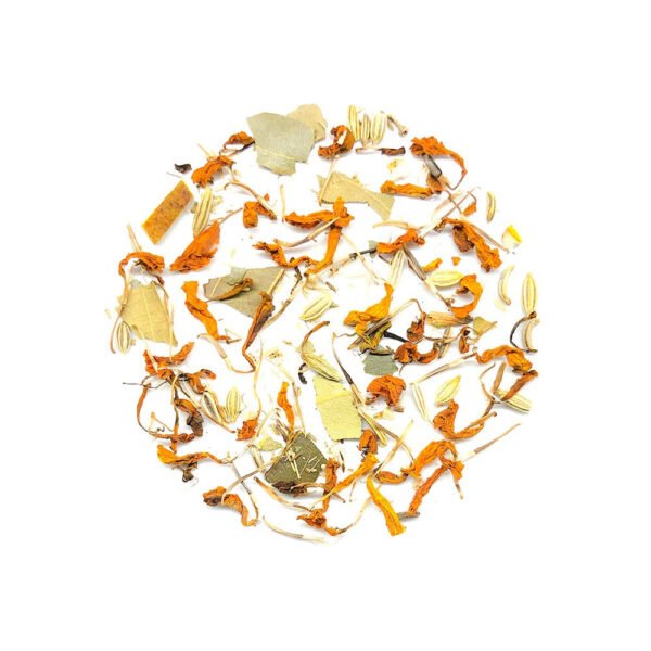 Calming Herbal Tea, specifically designed to relieve stress. The blend features a harmonious combination of calming herbs like chamomile and lavender, providing a comforting and tranquil experience.