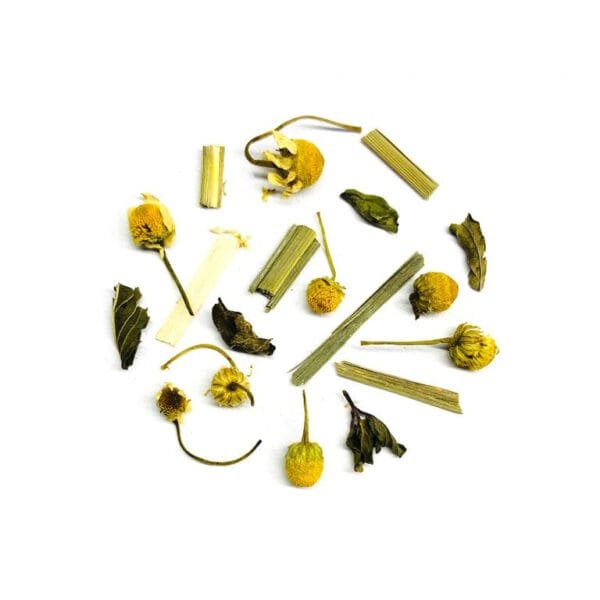 Chamomile Lemongrass Peppermint tea, displaying a blend of dried chamomile flowers, lemongrass, and peppermint leaves. The soothing herbal mixture promises a refreshing and aromatic infusion.