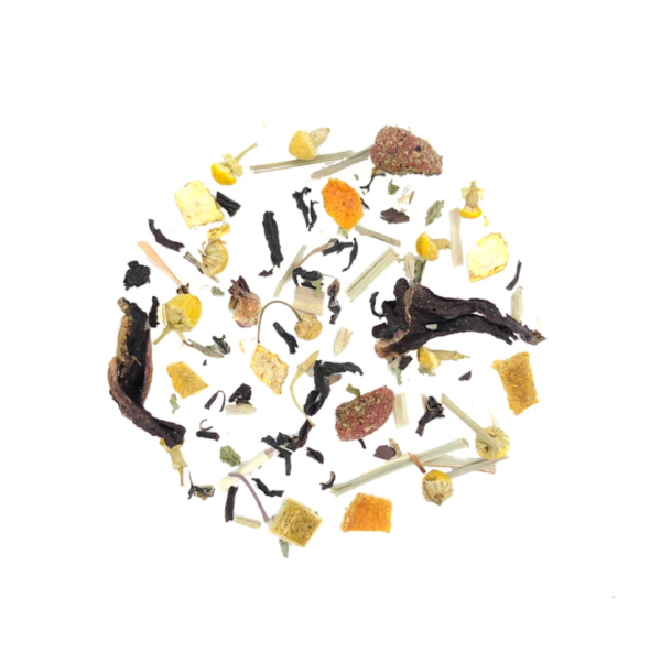 An image of Fruity Flower Tea, displaying a vibrant blend of colorful dried fruits and blossoms, creating an enticing visual composition. The tea exudes a sweet and floral aroma, promising a delightful and flavorful infusion.