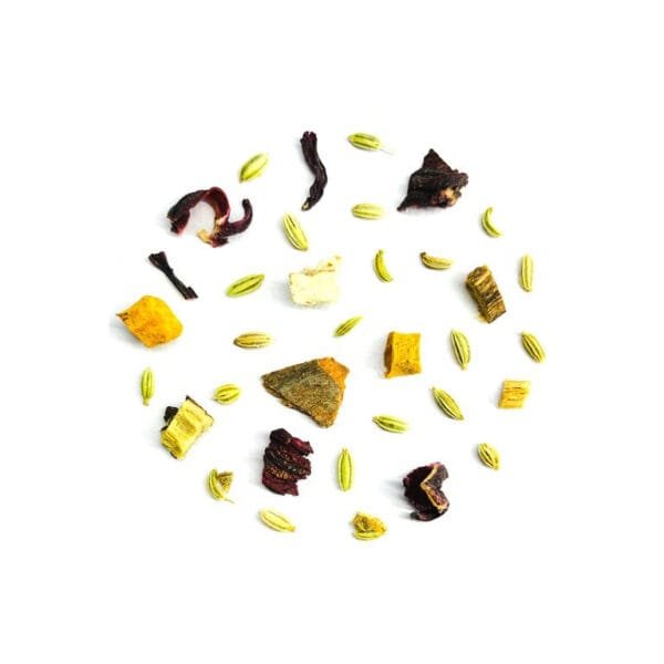 Immunity Tea, featuring a vibrant blend of herbs and spices like ginger, turmeric, and echinacea, known for their immune-boosting properties. The infusion offers a golden hue and a fragrant, earthy aroma.