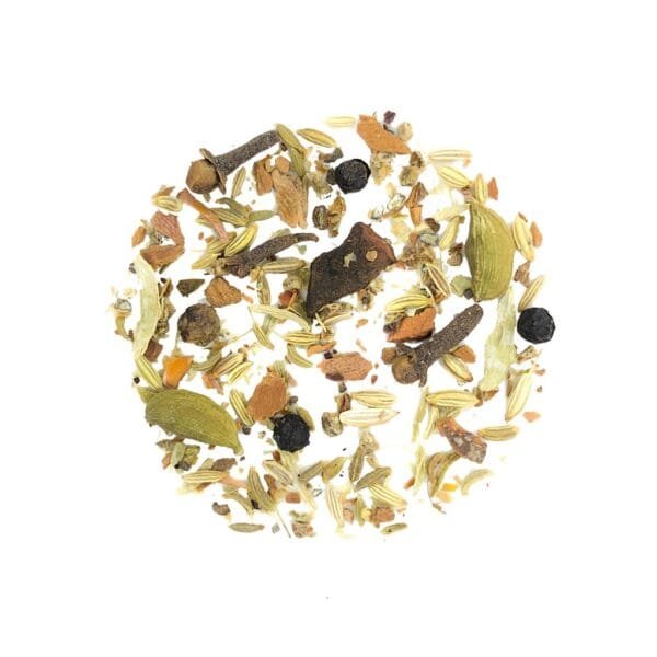 Spicy Heaven Tea, featuring a rich blend of aromatic spices, including cinnamon, ginger, and cardamom, beautifully combined with premium tea leaves. The vibrant infusion promises a bold, invigorating flavor profile