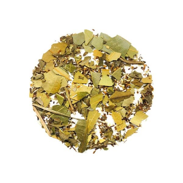 A cup of Digestive Herbal Foxtrot Tea surrounded by loose tea leaves, featuring Rooibos, Chamomile, Mint, and Bay Leaves, highlighting its natural ingredients and digestive health benefits.